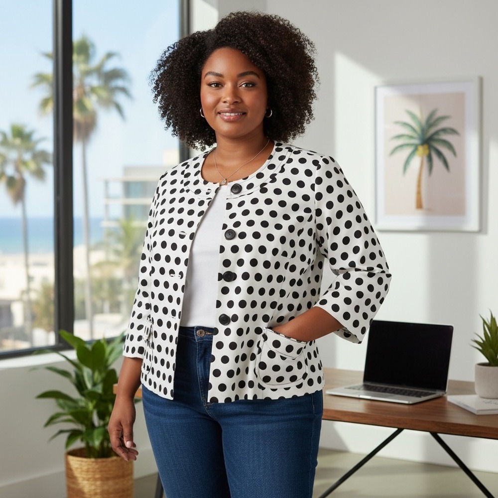 Talbots Petites Silk Cotton Polka Dot Jacket Black White Size 12P Cropped Blazer